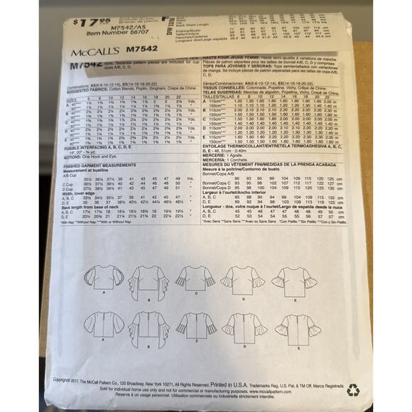 McCalls 7542 Sewing Pattern Shirts Flounce Ruffle Sleeve Options Sz 6-14 UNCUT - Picture 3 of 3